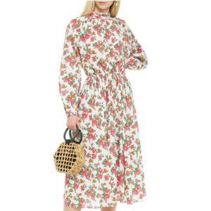 Rhode Mai Gathered Floral Print White Cotton Poplin Midi Dress